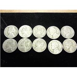 10 ASSORTED 35% SILVER JEFFERSON WAR NICKELS