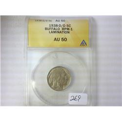 1938-D/D BUFFALO NICKEL ANACS AU50 RPM1 LAMINATION