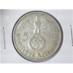 1934-D GERMAN 5 MARKS WITH SWASTIKA