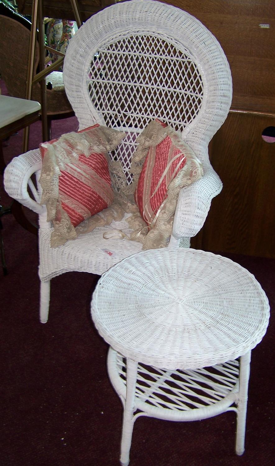Two Piece Shabby Chic White Wicker Chair and Round Table.