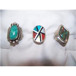 LOT OF 3 STERLING SILVER RINGS SET W/  turquoise, coral, mother of pearl inlay. 1. signed ring"DTR"