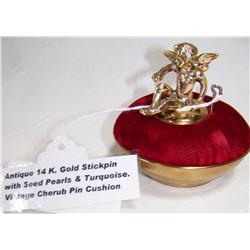 ANTIQUE 14K GOLD STICKPIN W/ seed pearls & turquoise & VINTAGE Cherub Pin cushion