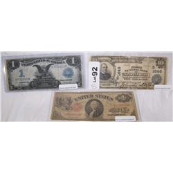 (3X$) RARE LARGE CURRENCY 1899 $1 Silver Certificate;$10 1902 National Currency; 1917 $1.00