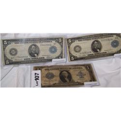 (3X$) RARE LARGE CURRENCY :(1) 1923 $1 SILVER CERTIFICATE,(2)1914 $5 LARGE BILLS