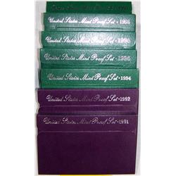 (7X) The Bid) U.S. Mint Proof Sets. 1991, 1992, 1994, 1995(2), 1996, 1997.