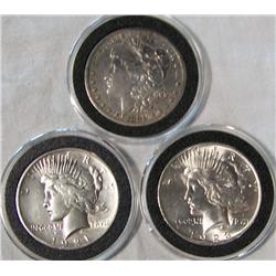 (3X The Bid) Morgan and Peace Dollars. 1880-CC VF Cond., 1921 Peace VF Cond., 1923 Peace Mint State.