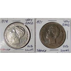 (2X The Bid) Spanish Silver. VERY RARE. 1871 5-Pesetas and 1878 5-Pesetas.