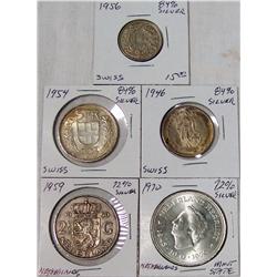 (5X The Bid) Swiss and Netherlands Silver Coins.