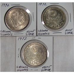 (3X The Bid) German Silver Olympic Coins. Mint State. 1972