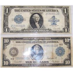 (2X The Bid) Large Currency. RARE FRN $10 Note Series 1914, Choice $1 Silver Certificate Series 1923