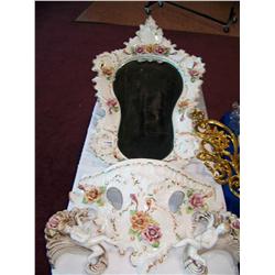 Four Piece "Ceramiche Sonda" Vintage Italian Rococo Style Mirror with Basin Table and Two Sconces.