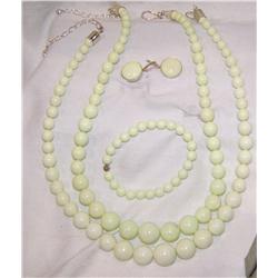 Two Light Green Jasper (May Be Dyed Howelite) Bead Necklaces w/ Matching Bracelet and Earrings.