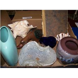 (8) Pi. Misc. Box lot containing antique book,(2) art glass (2) shells, duck as shown