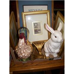 (8) Piece Misc. Home Decor wholesale lot Inclu: (4) framed pictures, Rooster & Bunny