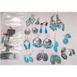 18 Pair of Assorted Sterling Silver Earrings set w/ turquoise, coral,lapis & cornelain Weighs 118.G