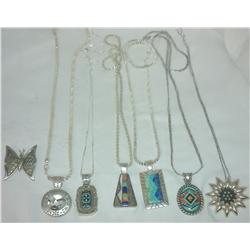 STERLING SILVER (6)NECKLACES, (6)PENDANTS & (1)PINS. THE NECKLACES &PENDANT WEIGH 289.8 GRAMS