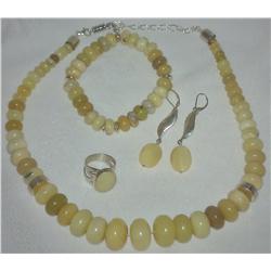 A Sterling Silver & Mexican Opal jewelry Suite: Necklace, Bracelet, ring & earrings