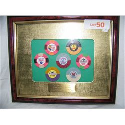 VERY RARE COLLECTION OF $5000.00 OBSOLETE CASINO CHIPS "THE GOOD OLD DAYS" FRAMED