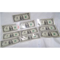 (10x$) GEM UNCIRCULATED $1.00 FRN INSEQUENCE SERIES 1988