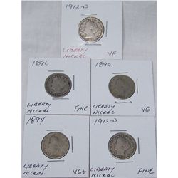 (5X$) CHOICE LIBERTY NICKELS VG-VF 1890,94,96,(2) 1912-D