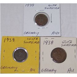 (3X$) GEM ALMOST UNCIRCULATED GERMAN WWII COINAGE W/ SWASTIKAS 1938 & 1939