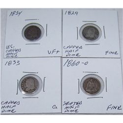 (4X$) U.S CAPPED & SEATED  HALF DIMES G-VF+ 1829,1833,1834, 1860-O