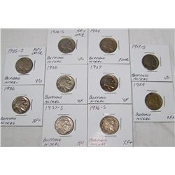 (10X$) BUFFALO NICKLES VG-AU SOME KEY DATES 1917-S,1924(2),1936-S 1926-S,1927,29,36,37-s