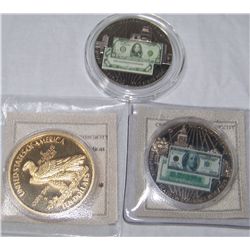 (3X$) COMMEMORATIVE "BANK NOTES OF AMERICA" 100.00,1000.00 INDIAN GOLD COIN, GOLD LAYERED