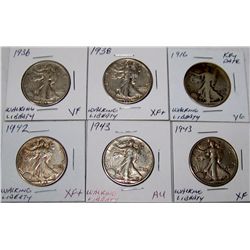 (6X$) WALKING LIBERTY HALVES VG-AU, KEY DATE 1916,1936,1938,1942,(2) 1943
