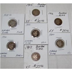 (7X$) CHOICE BARBER SILVER DIMES VG-XF 1900,(2) 1906,1907,1910,1912-D,1915