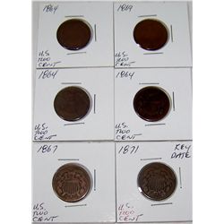 (6X$) RARE U.S TWO CENT PIECES (3) 1864,1869,1867, KEY DATE 1871