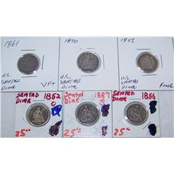 (6X$) U.S SEATED DIMES FINE-VF+ 1843,1852-O,1856,1861,1887-S, 1890