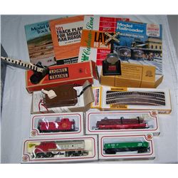 Box lot of Misc. Vintage Trains(in box), Part & Train magazines as shown