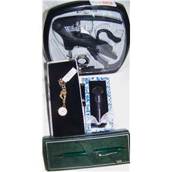 (4) Piece Gift lot Inclu: Wine Enthusiast corkscrew set, Cross Pen, Kate Aspen wine stopper, & Pin