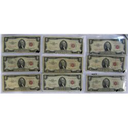 (9X The Bid) 1952 $2 Red Seal Bills.