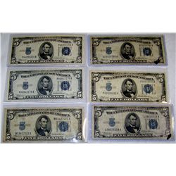 (6X The Bid) 1934-C $5 SIlver Certificates, Mixed Grades.