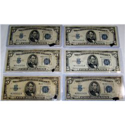 (6X The Bid) 1934-C $5 Silver Certificates, Mixed Grades.