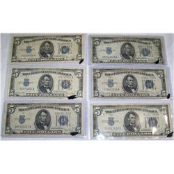 (6X The Bid) 1934-D $5 Silver Certificates, Mixed Grades.