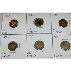 (6X$) U.S 3-CENT COINS 1865,1867