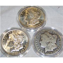 (3x$) MORGAN SILVER DOLLARS 1879 C.C,MINT STATE 1886,1899-O