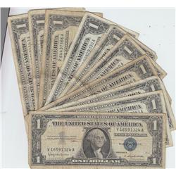 GROUP OF 10 $1 SILVER CERTIFICATES 1957