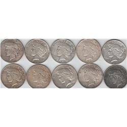 GROUP OF 10 SILVER $1 PEACE DOLLARS VARIOUS DATES