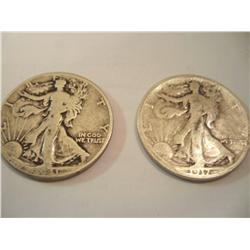 2 Silver Walking Half Dollars,1917-S,1941