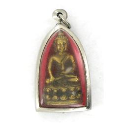Vintage Thai Bronze Buddha Amulet in Nickel Pendant Case (ANT-1211)