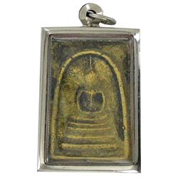 Vintage Thai Clay Buddha Amulet in Nickel Pendant Case (ANT-1167)