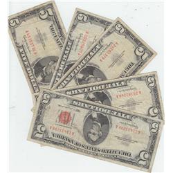 LOT OF 5 $5 RED SEALS 1963