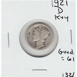 KEY DATE 1921 D MERCURY DIME WHOLE SALE BID = $61 IN GOOD