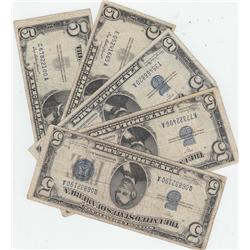 GROUP OF 5 $5 SILVER CERTIFICATES 1934