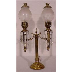 2-Light Brass & Crystal Table Lamp, Ca. 1850