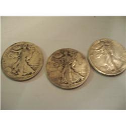 3 Silver Walking Half Dollars,1917-S,1929-D,1943-S